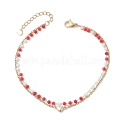 Bohemian Handmade Faceted Rondelle Glass Beaded Chains & 304 Stainless Steel Cable Chain 2-Strand Anklets for Women&nbsp;AJEW-AN00780