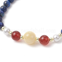 Shell Pearl Bead & Dyed Natural Lapis Lazuli & Yellow Jade & Carnelian Beaded Stretch Bracelets for Women&nbsp;BJEW-JB11938-03