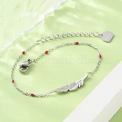 304 Stainless Steel Feather Link Bracelets for Women&nbsp;BJEW-A036-17P