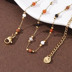 Natural Agate & Howlite & Synthetic Goldstone Faceted Round Bead 304 Stainless Steel Cable Chain Anklets for Women&nbsp;AJEW-G072-01G