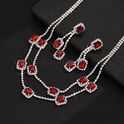 Rectangle Brass Rhinestone Double Layer Chain Necklace & Stud Dangle Earring Sets&nbsp;FS-WG7C731-02