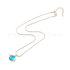 Glass Teardrop with Wing Pendant Necklace with Golden Brass Round Snake Chains for Women&nbsp;NJEW-JN04124