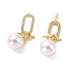 Clear Cubic Zirconia Oval with Knot Dangle Stud Earrings with Plastic Pearl&nbsp;EJEW-A072-01LG