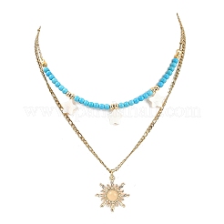 Natural Freshwater Shell & Alloy Glass Sun Pendant Synthetic Turquoise Round Beaded & 304 Stainless Steel Chain Double Layered Necklaces for Women&nbsp;NJEW-JN05469-02