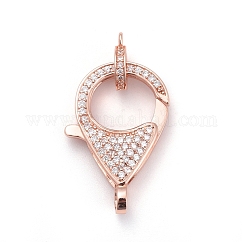 Brass Micro Pave Cubic Zirconia Lobster Claw Clasps, with Bail Beads/Tube Bails, Clear, Rose Gold, Clasp: 27x17x5mm, Hole: 3mm, Tube Bails: 10x8x2mm, Hole: 1mm