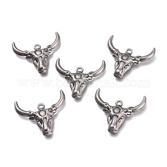 304 Stainless Steel Pendants, OX Head, Antique Silver, 24x25x4mm, Hole: 1.6mm