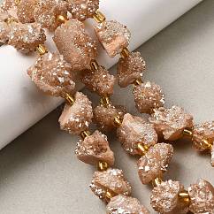 Electroplated Natural Druzy Agate Beads Strands, Nuggets, with Seed Beads, Peru, 10~16x12.5~15x11.5~13mm, Hole: 0.8mm, about 14pcs/strand, 8.07~8.27''(20.5~21cm)