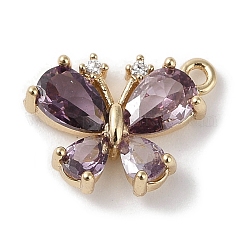 Brass Micro Pave Cubic Zirconia Charms, Cadmium Free & Nickel Free & Lead Free, Real 18K Gold Plated, Butterfly, Purple, 13x11x3.5mm, Hole: 1.2mm