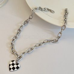 Black and White Checkered Heart Alloy Enamel Pendant Necklaces for Women&nbsp;FS-WGFAE52-01