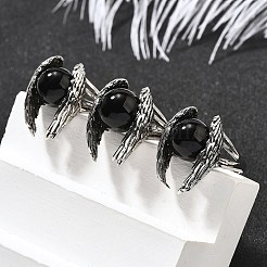 Natural Obsidian Wings Adjustable Rings&nbsp;RJEW-K241-04AS-09