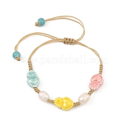 Glazed Porcelain Beads & Natural Cultured Freshwater Pearl Braided Bead Bracelets&nbsp;BJEW-JB14202-02