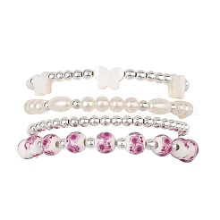 4Pcs 4 Styles Printed Porcelain Beads & Synthetic Hematite Beads & Shell Beads & ABS Plastic Pearl Stretch Bracelets Sets for Women&nbsp;BJEW-JB14203-02