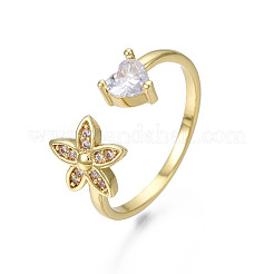 Cubic Zirconia Flower and Heart Open Cuff Ring&nbsp;RJEW-N035-115