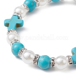 Synthetic Turquoise Cross & ABS Plastic Pearl Beaded Stretch Bracelet&nbsp;BJEW-JB09766