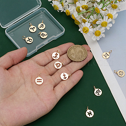 12Pcs 12 Styles Flat Round with Twelve Constellations Brass Charms&nbsp;PALLOY-WR00028