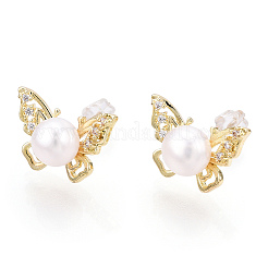 Brass Rhinestone Butterfly & Natural Pearl Stud Earrings&nbsp;PEAR-N020-06G