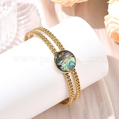 2Pcs 2 Colors Natural Abalone Shell Paua Shell 304 Stainless Steel Open Cuff Bangle Sets with Enamel&nbsp;BJEW-JB14486-01