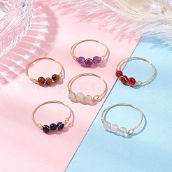 Round Natural Rose Quartz & Tiger Eye & Lapis Lazuli & Green Aventurine & Amethyst & Carnelian Finger Rings&nbsp;RJEW-JR00850-02