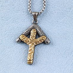 Duo Tone 304 Stainless Steel Textured Viking Rune Pendant Necklaces for Men&nbsp;WGD6348-01