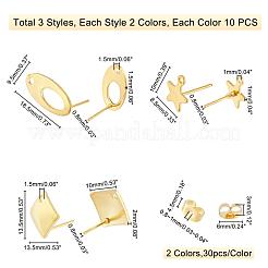 60Pcs 2 Colors Oval & Rhombus & Star 304 Stainless Steel Stud Earring Findings&nbsp;STAS-PH0001-53