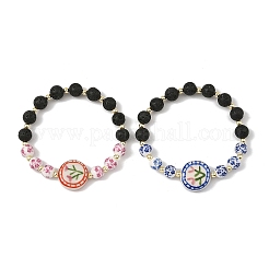 2Pcs 2 Colors Handmade Printed Porcelain Floral Flat Round & Round Natural Lava Rock Beaded Stretch Bracelet Sets&nbsp;BJEW-JB14186
