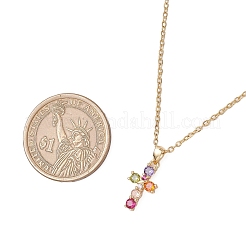 Brass Pave Colorful Cubic Zirconia Cross Pendant 304 Stainless Steel Cable Chain Necklaces for Women&nbsp;NJEW-JN05358