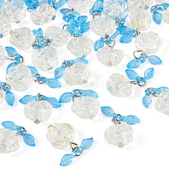 30Pcs Transparent Glass Flower Pendants with Deep Sky Blue Acrylic Leaf&nbsp;PALLOY-TAC0241