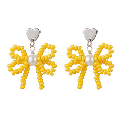 4 Pairs 4 Colors Heart with Bowknot Handmade Glass Seed Beads Dangle Stud Earrings&nbsp;EJEW-MZ00474