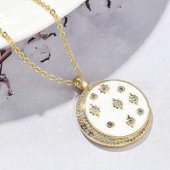 Brass Micro Pave Clear Cubic Zirconia Enamel Flat Round Moon Pendant Necklaces for Women&nbsp;NJEW-S449-03C-G