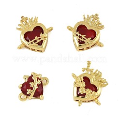 4Pcs 3 Styles Brass Pave Dark Red Glass Scared Heart Connector Charms&nbsp;KK-FS0001-86