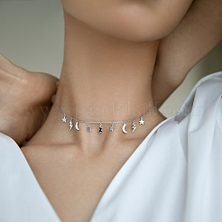 S925 Silver Star Moon Pendant Necklace Zircon Geometric Elegant Minimalist Jewelry&nbsp;AY0124-1