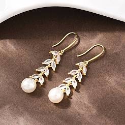 Leaf Brass Micro Pave Clear Cubic Zirconia Dangle Earrings&nbsp;EJEW-C172-03G