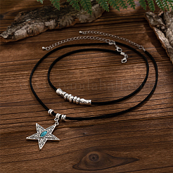 1 Set Alloy Pave Synthetic Turquoise Pendant Double Layer Cord Necklaces&nbsp;NJEW-CL0001-09B