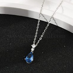 925 Sterling Silver Sapphire Rhinestone Teardrop Pendant Necklace for Women&nbsp;NJEW-V013-01P