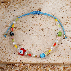 Imitation Pearl Round & Glass Evil Eye Braided Beaded Bracelets&nbsp;CU5744