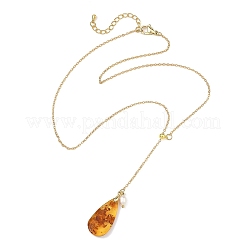 Natural Amber Teardrop Pendant Lariat Y Necklaces with Brass Cable Chains and Natural Pearl for Women&nbsp;NJEW-JN06607