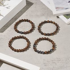 4Pcs 4 Style Natural Wenge Wood & Synthetic Hematite Beaded Stretch Bracelets Set for Women&nbsp;BJEW-JB09156