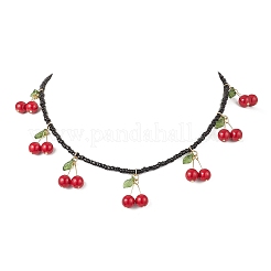 Natural Dyed Mashan Jade Red Cherry Pendant Glass Seed Beaded Necklaces for Women&nbsp;NJEW-TA00211-02
