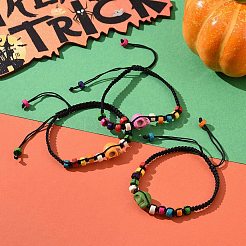 Synthetic Turquoise Skull & Wood Disc Braided Bead Bracelet for Halloween&nbsp;BJEW-TA00260