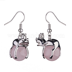 Natural Rose Quartz Frog Dangle Earrings&nbsp;EJEW-A092-13P-06