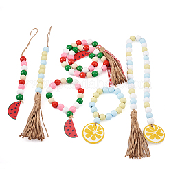 6Pcs 6 Style Wood & Fringed Beaded Pendant Decoration&nbsp;HJEW-CF0001-15