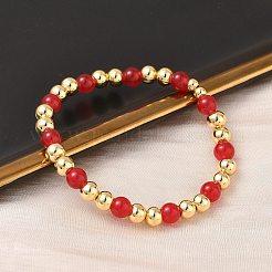 Brass & Glass Round Beaded Stretch Bracelets for Women&nbsp;BJEW-F515-01G