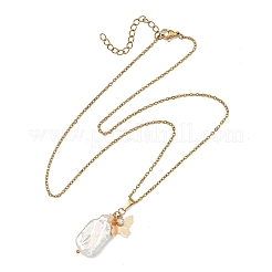 Natural Boraque Keshi Pearl Rectangle and Brass Crystal Rhinestone Butterfly Pendant 304 Stainless Steel Cable Chain Necklaces for Women&nbsp;NJEW-JN06192