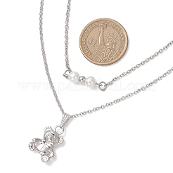 Alloy Bear and White Round Pendant 304 Stainless Steel Cable Chain Double Layer Necklaces for Women&nbsp;NJEW-JN05758-02