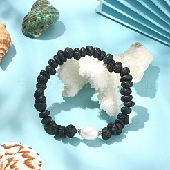 Natural Lava Rock & Pearl & Brass Beaded Stretch Bracelets&nbsp;BJEW-JB09493-02