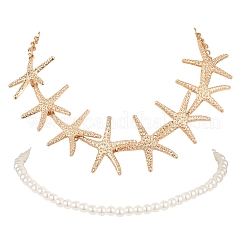 Ocean Imitation Pearl Beaded Alloy Starfish Bib Necklace Sets&nbsp;NJEW-Z116-03G