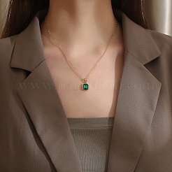 Glass Rectangle Pendant Necklace with Golden Stainless Steel Chains&nbsp;ZR6442