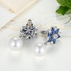 Platinum Plated Brass Flower Cubic Zirconia Stud Earrings&nbsp;EJEW-FF0002-08A