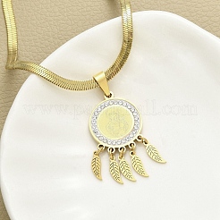 201 Stainless Steel Clear Cubic Zirconia Flat Round Virgin with Feather Pendant Necklaces&nbsp;NJEW-H055-04G