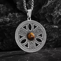 201 Stainless Steel Natural Tiger Eye Flower of Life Pendant Necklaces for Women&nbsp;WG7C937-01